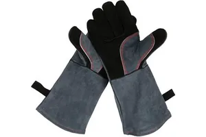Heat Resistant Leather Forge Welding Glove with Flame Retardant Long Sleeve and Insulated Lining for Men and Women Black-Gray