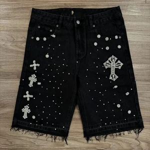 NEW TRENDING Denim Manufacturer Streetwear Custom Vintage Wash Men Jeans Shorts With Rhinestones Shorts in reasonable price's