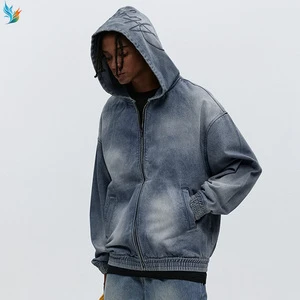 Oversized Zip-Up Streetwear Hoodie Embroidery Men's Vintage Washed Denim Hooded Jacket