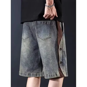 American Style Fashion Brand Denim Shorts Men's Summer Loose Plus Size Cropped Pants Cool Straight Outdoor Color Blocking