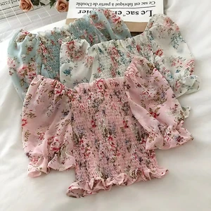 Women Solid Casual Summer Shirt Lace up Ruffle Sexy O-Neck Top Blusas Pleated Stretch Slim Waist Short Crop Blouse