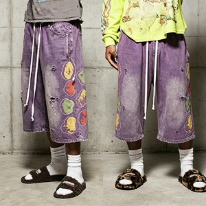MZN Custom Men Purple Baggy Denim Shorts Ripped Graffiti Print Vintage Wash Streetwear Knee Length Jorts