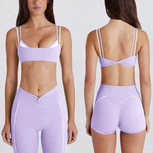 Premium Womens 2pcs Yoga Set Twist Cross Halter Color Block White Stripe Nylon Spandex Sweat Wicking Stretch Running