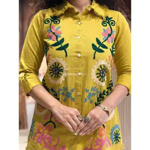 Modest Embroidery Casual Office Wear Women's Plus Size Full Sleeves Suit Pants Indian Coord Pant Cotton Wholesale Cord Set
