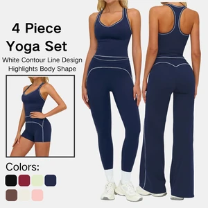 Women U Neck Backless Crop Tank With High Waist Shorts Leggings Wide Leg Pants 4PCS Yoga Training Activewear Set