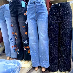 Women's High Waist Skinny Jeans Breathable Cute Knitted Denim with Rhinestone & Floral Embroidery