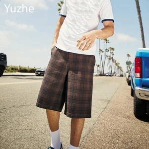 High Quality Oem Factory Custom Men's Vintage Denim Plaid Cargo Shorts Baggy Raw Hem Used Streetwear Jorts