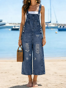Women's Denim Overalls Adjustable Strap Casual Stylish Washed Solid Button High Waist Loose Fit Jumpsuit for Everyday Wear