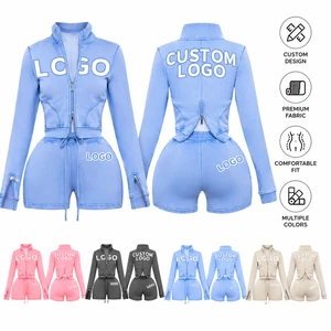 Custom Tracksuit For Women Embroidery Print Logo Cropped Sweatsuit Two Piece Streetwear Acid Wash Zip Up Hoodies And Shorts Set
