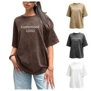 America Fashion Summer Vintage Print Washed Oversized Women T-Shirts Low MOQ Custom Cotton Heavyweight Drop Shoulder Loose