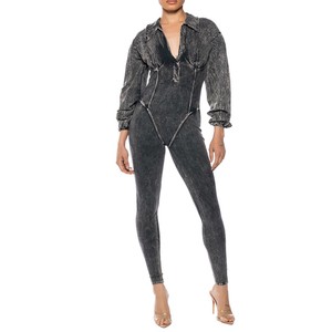 New Custom Sexy Women Acid Wash Denim Fitted Jumpsuit Long Sleeves Deep V Neck High Waist Slim Fit Jean With Belt Jumpsuit