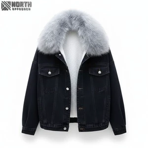 Women's Jean Jacket With Fur Winter Denim Coat With Furry Collar Single Breasted Jeans Jackets For Ladies