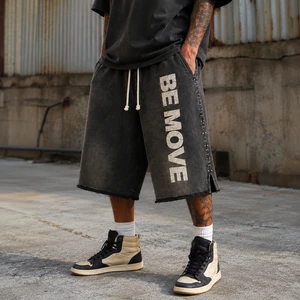Custom Hip Hop Diamonds Rivets Distressed Acid Wash Three Quarters Y2k Rhinestone Knee-length 3/4 Sweat Shorts For Men