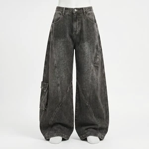 Men's High Street Asymmetrical Washed Jeans 700g Heavyweight Cargo Denim Pants Oversized Wide Leg Baggy Y2K Grunge Trousers