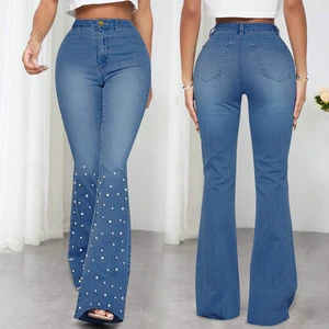 Hot Selling Ladies Denim Women's High Waist Skinny Trousers Bell Bottom Denim Wholesale for Women Designer Jeans with Pearls