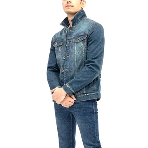 Custom Logo Men's Denim Jacket High Quality Dark Blue Jean Trucker Jacket Casual Button Down Denim Coat Factory Manufacturer