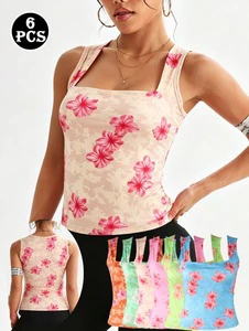 6 Colors Women Lace Floral Square Neck Tank Tops Sleeveless Slim Stretch Crop Vest Daily Casual Sports Camisole Wholesale