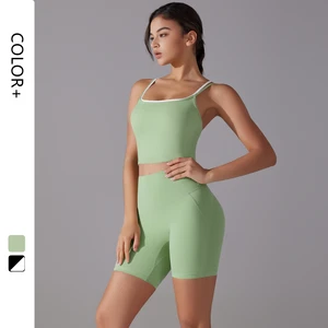 Women's New Seamless Yoga Set Cross Gym Fitness Sports Running Yoga Set Hip Lift Breathable Shorts Elastic Waist Closure Front