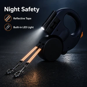2-in-1 Retractable Dual-Dog Leash With Built-in Flashlight-Adjustable, Automatic Retraction, Ideal For Night Walks With Two Dogs