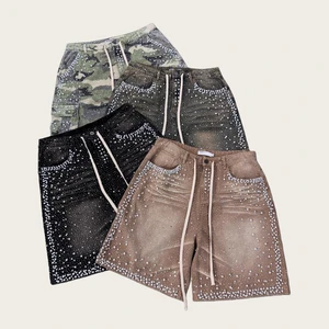 Denim Manufacturer Streetwear Custom Vintage Print Wash Breathable Summer Mid Waist Men's Jeans Shorts with Rhinestones