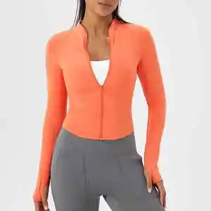 Women's Slim-Fit Long Sleeve Solid Yoga Jacket Lightweight Breathable Quick Dry Zippered Stand Neck Ribbed Fitness Top
