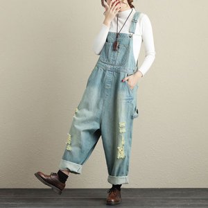Wholesale Drop Shipping Plus Size Women's Casual Adjustable Denim Bib Overalls High Waist Loose Washed Vintage Fashion Jumpsuits