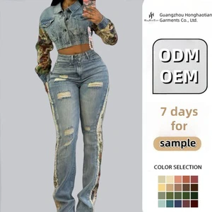 Custom 2025 Fashion Design Stretch Slim-fit Print Casual Short Denim Coats Jacket Woman Denim Top Denim Suit for Women