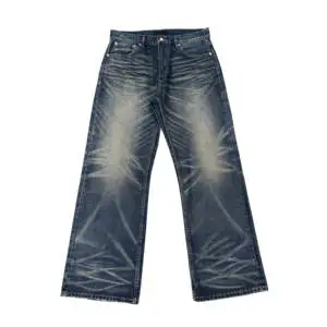 Men's Flare Fit Distressed Blue Denim Jeans Plus Size Mid Waist Loose Casual Cotton Pants Button Fly Woven Style