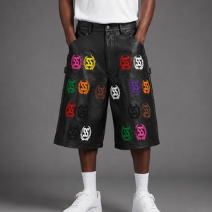 Guangzhou Shangshang Custom Streetwear Below Knee Length Patch Embroidery Rivet Studded Baggy Leather Shorts For Men