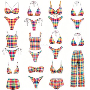 Designer Luxury High Waist Two Piece Bikini Set Manufacturer Custom Colorful Plaid Checkered Bikini Swimsuit Women BeachSwimwear