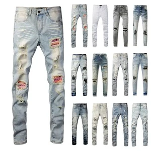 Heavyweight Men's Straight-Jean American Streetwear Trousers Hole Vintage Slim Fit Distressed Stone Trouser Washed Jeans Pants