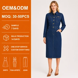 Women Long Sleeve Denim Shirt Dress With Pockets, Button Front Slim Fit Midi Jean Dress