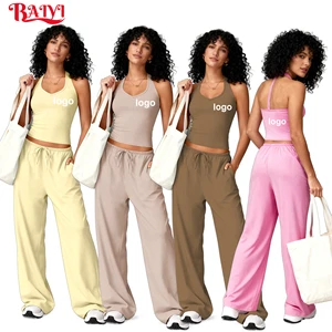 Women's Solid Brushed Yoga 2 Piece Set Custom Logo Quick Dry Backless Halter Top & Wide Leg Pants Fitness Workout Tracksuits