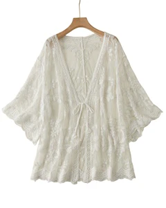 Women's White Lace Embroidered Floral Pattern Bohemian Beach Cover-Up V-Neck Short Sleeve Hollow Design Breathable