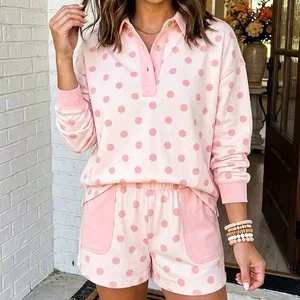Custom Women's Polka Dot Polo Collar 2 Piece Set Long Sleeve Top Elastic Waist Patched Pocket Shorts Loungewear Manufacturer