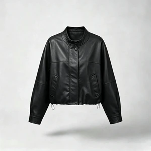 Women's Coated Stand Collar Button-Up PU Leather Eco-Friendly Bomber Jacket Short Cropped Solid Color Spring Autumn Casual
