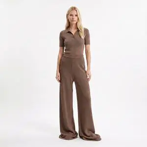 Extra Long Tall Women Wide Leg Knit Pants 36 Inseam High Waisted Ribbed Loungewear Custom OEM