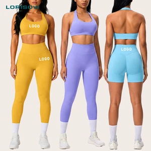 LORISOW Private Label Halter Neck Yoga Set Women 3 Piece Seamless Workout Set Custom Logo High Waist Gym Shorts Leggings Set