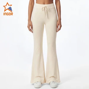 Wholesale Custom Logo Women Flare Yoga Leggings Buttery-Soft Nylon Spandex High Waist Drawstring Yoga Flare Pants