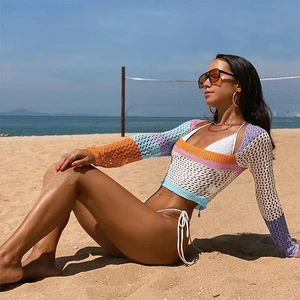 TW92031060 2023 Summer New Beach Sunscreen Tops Long Sleeve Beach Blouse Crochet Bikini Cover up