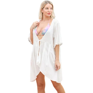 2024 Sexy Bikini Cover-ups Solid Summer Beach Dress Women Beach Wear Swim Suit Cover up With Front Tie