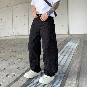 2026 Summer Men Mid Washed Hip Hop Jacquard All-over Print Denim Pants Lightweight Loose Straight Leg Casual Sabre Cut Trousers