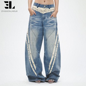 LARSUR Custom Denim Factory Premium Rhinestone Jewelry Studded Denim Pant Distressed Vintage Wash Patchwork Wide Leg Jeans Women