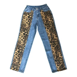 Leopard Print Patchwork Women's denim jeans Custom Washed blue straight Jeans for women