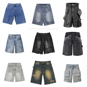 Custom Embroidered logo Summer Wholesale Wide Leg Distressed Loose High-rise Vintage Washed Heavyweight Men's Denim Shorts