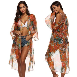 Wholesale Floral Print Sun Proof Long Beach Bikini Cover up Chiffon Kimono Cardigan