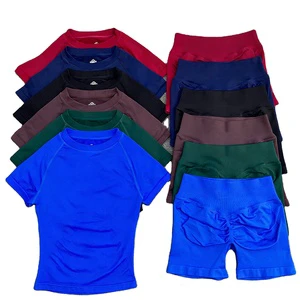 Solid Yoga Set Tight-Fitting Short-Sleeve Fitness Set Quick-Drying Outerwear Running Cycling Yoga Pants