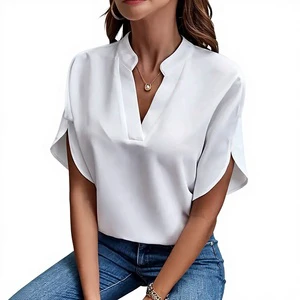 Women Spring Summer Style Blouses Shirts Lady Casual Short Split Sleeve V-Neck Solid Color Blusas Tops