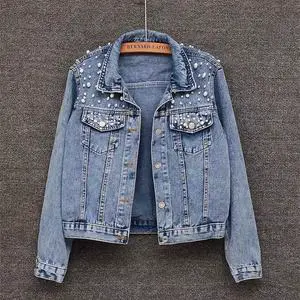 Women's Cropped Denim Jacket Pearl Beading Pink Short Jean Jacket Embellished Collar Pocket Spring Autumn Casual Outerwear