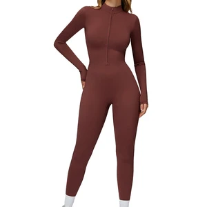 Women's Sports Jumpsuit Warm Long Sleeve Yoga Bodysuit Onesie One Piece Workout Stretchy Jumpsuits with Flared Pants Casual Sets